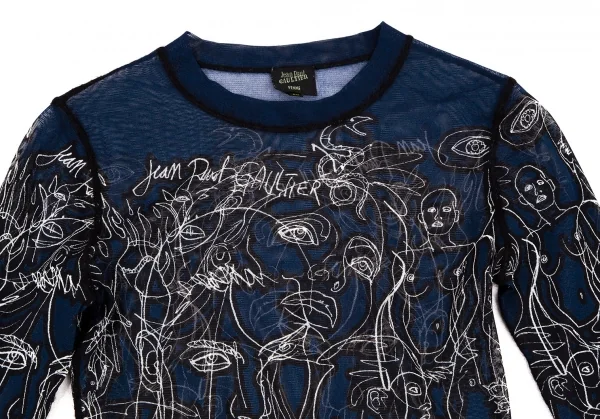 ジャンポールゴルチエ ファムJean Paul GAULTIER FEMME フェイス線画プリントパワーネットカットソー 紺40 K-105628_003