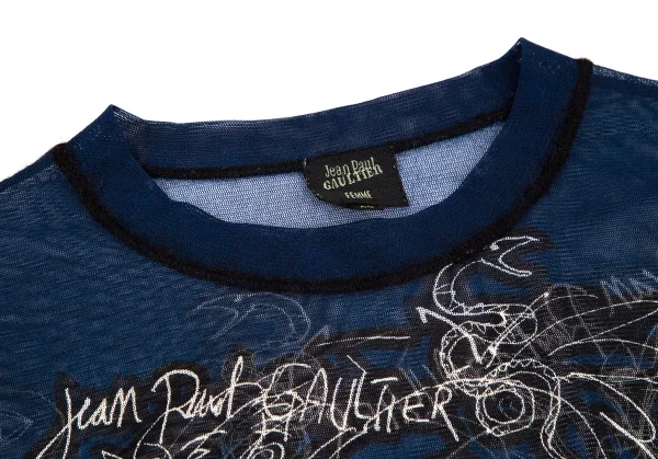 ジャンポールゴルチエ ファムJean Paul GAULTIER FEMME フェイス線画プリントパワーネットカットソー 紺40 K-105628_004