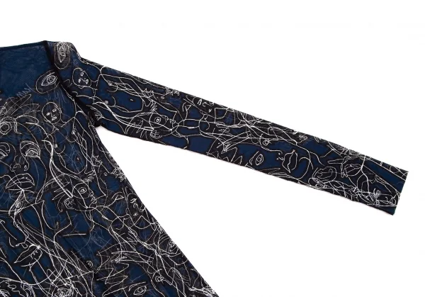 ジャンポールゴルチエ ファムJean Paul GAULTIER FEMME フェイス線画プリントパワーネットカットソー 紺40 K-105628_005