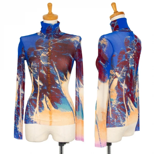 ジャンポールゴルチエ ファムJean Paul GAULTIER FEMME パームプリントジグザグステッチパワーネットハイネックカットソー 青40 K-105629_001