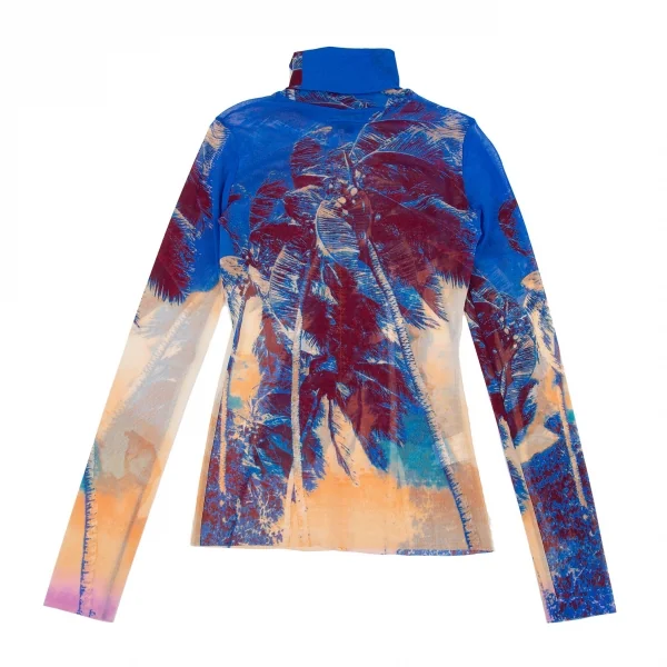 ジャンポールゴルチエ ファムJean Paul GAULTIER FEMME パームプリントジグザグステッチパワーネットハイネックカットソー 青40 K-105629_012