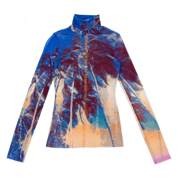 ジャンポールゴルチエ ファムJean Paul GAULTIER FEMME パームプリントジグザグステッチパワーネットハイネックカットソー 青40 K-105629_002