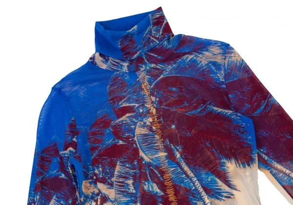 ジャンポールゴルチエ ファムJean Paul GAULTIER FEMME パームプリントジグザグステッチパワーネットハイネックカットソー 青40 K-105629_003