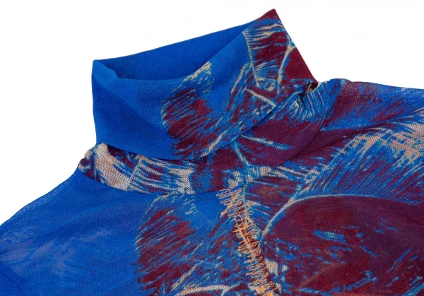 ジャンポールゴルチエ ファムJean Paul GAULTIER FEMME パームプリントジグザグステッチパワーネットハイネックカットソー 青40 K-105629_004