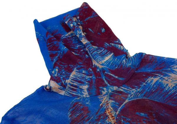 ジャンポールゴルチエ ファムJean Paul GAULTIER FEMME パームプリントジグザグステッチパワーネットハイネックカットソー 青40 K-105629_005