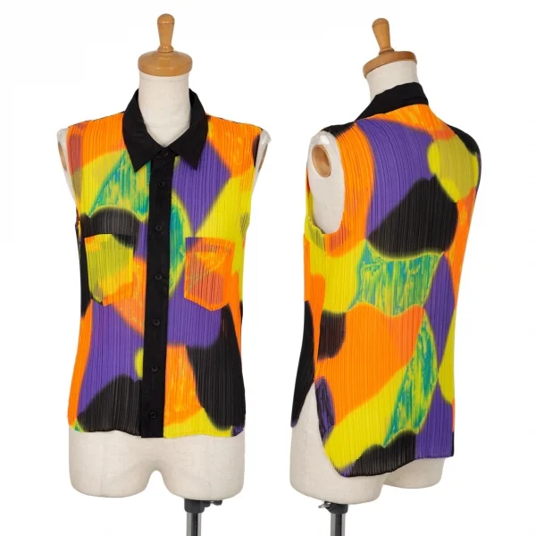 イッセイミヤケISSEY MIYAKE プリーツぼかしカラープリントノースリーブシャツ