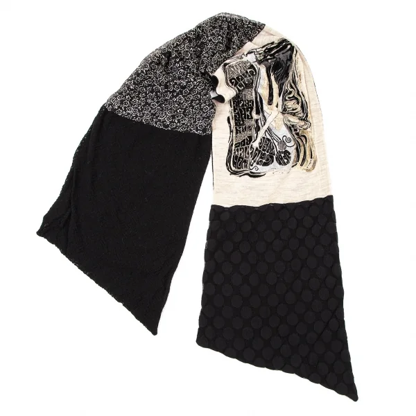 ジャンポールゴルチエ マイユファムJean Paul GAULTIER MAILLE FEMME グリッターフロッキープリントランダムジャガードニットマフラー 黒ベージュ K-105767_001