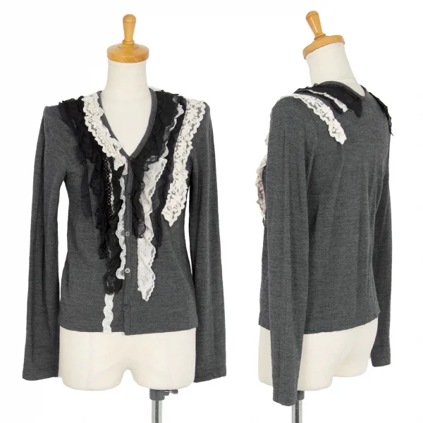 ジュンヤワタナベマンピンク コムデギャルソンJUNYA WATANABE MAN PINK COMME des GARCONS ウール花柄レースフリル装飾カーディガン グレーS位 K-105775_001