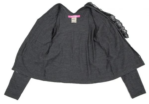 ジュンヤワタナベマンピンク コムデギャルソンJUNYA WATANABE MAN PINK COMME des GARCONS ウール花柄レースフリル装飾カーディガン グレーS位 K-105775_011