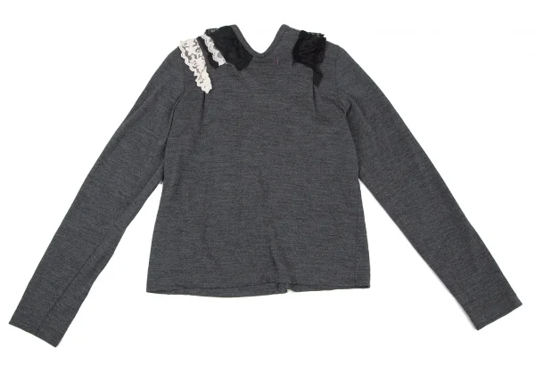 ジュンヤワタナベマンピンク コムデギャルソンJUNYA WATANABE MAN PINK COMME des GARCONS ウール花柄レースフリル装飾カーディガン グレーS位 K-105775_012