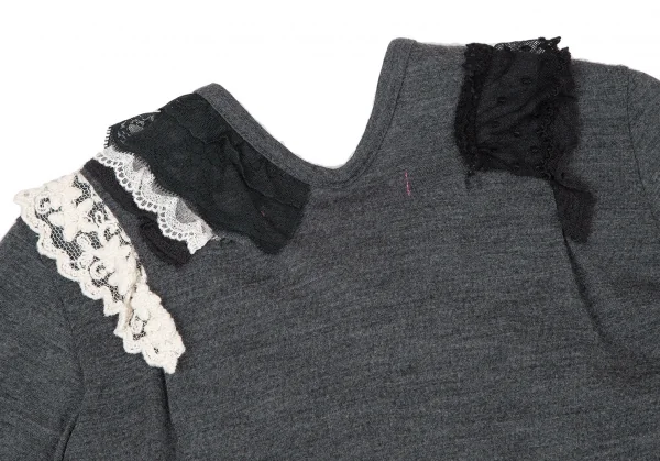 ジュンヤワタナベマンピンク コムデギャルソンJUNYA WATANABE MAN PINK COMME des GARCONS ウール花柄レースフリル装飾カーディガン グレーS位 K-105775_013