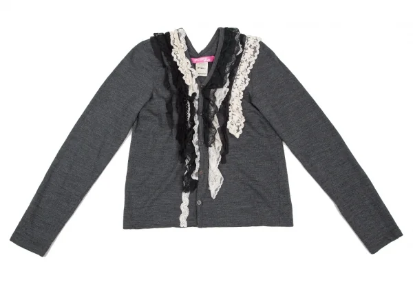 ジュンヤワタナベマンピンク コムデギャルソンJUNYA WATANABE MAN PINK COMME des GARCONS ウール花柄レースフリル装飾カーディガン グレーS位 K-105775_002