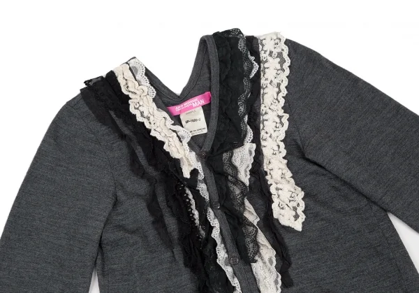 ジュンヤワタナベマンピンク コムデギャルソンJUNYA WATANABE MAN PINK COMME des GARCONS ウール花柄レースフリル装飾カーディガン グレーS位 K-105775_003