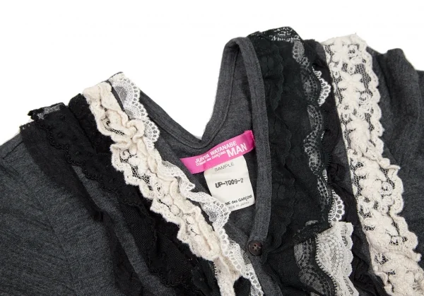 ジュンヤワタナベマンピンク コムデギャルソンJUNYA WATANABE MAN PINK COMME des GARCONS ウール花柄レースフリル装飾カーディガン グレーS位 K-105775_004