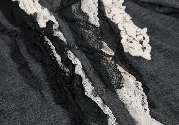 ジュンヤワタナベマンピンク コムデギャルソンJUNYA WATANABE MAN PINK COMME des GARCONS ウール花柄レースフリル装飾カーディガン グレーS位 K-105775_006