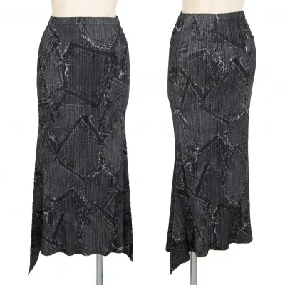 プリーツプリーズPLEATS PLEASE プリーツデニムポケット転写プリントスカート