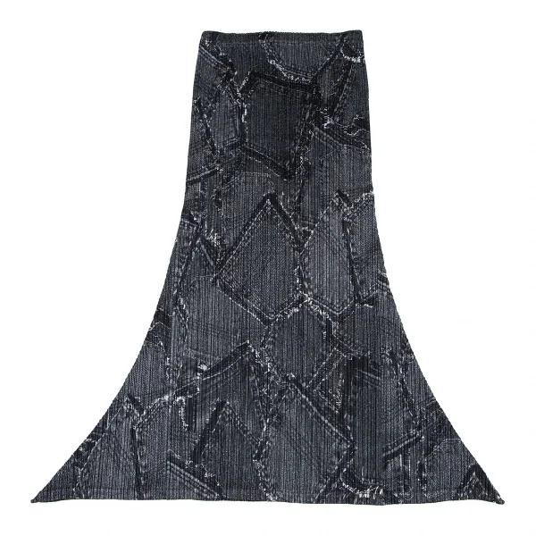 プリーツプリーズPLEATS PLEASE プリーツデニムポケット転写プリントスカート 墨黒2 K-105802_002