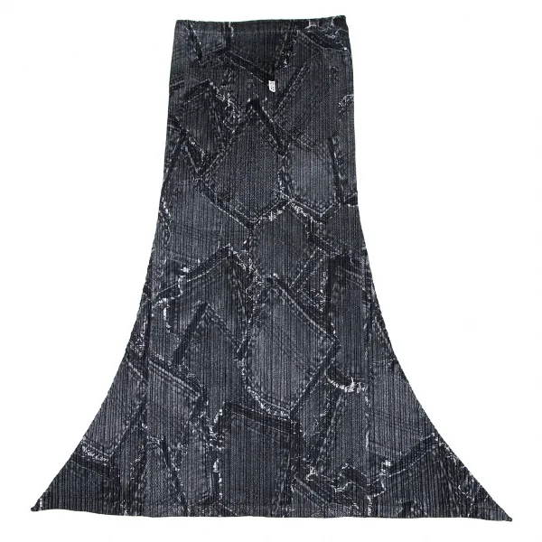 プリーツプリーズPLEATS PLEASE プリーツデニムポケット転写プリントスカート 墨黒2 K-105802_007