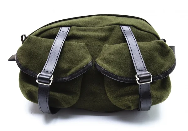 ワイズY's レザーパイピングメルトンウールショルダーバッグ 緑 K-105863_002