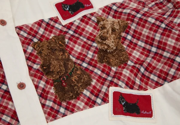 カールヘルムKarl Helmut ドッグパッチ刺繍チェック切替ボタンダウンシャツ 生成り赤M K-105877_006