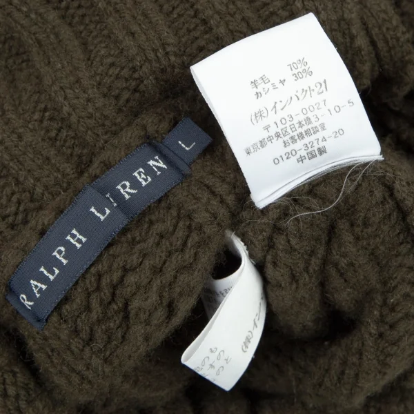 ポロラルフローレンPOLO RALPH LAUREN ウールカシミヤボタン留めハイネックケーブルニットセーター カーキL K-105913_015