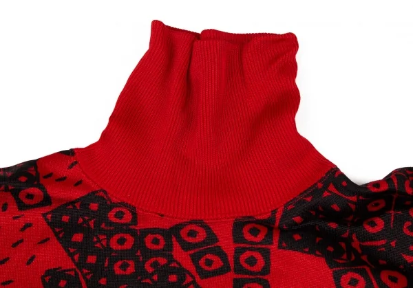 イッセイ ミヤケISSEY MIYAKE ポリコットン総柄リブタートルネックドルマントップス 赤9 K-105919_003