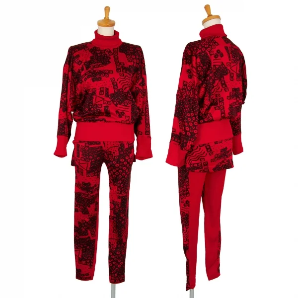 イッセイ ミヤケISSEY MIYAKE ポリコットン総柄リブハイネックドルマンセットアップ 赤9 K-105921_001