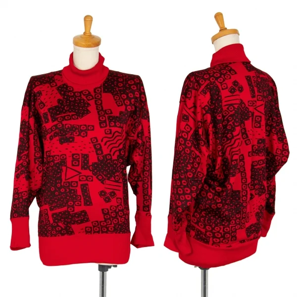 イッセイ ミヤケISSEY MIYAKE ポリコットン総柄リブハイネックドルマンセットアップ 赤9 K-105921_002