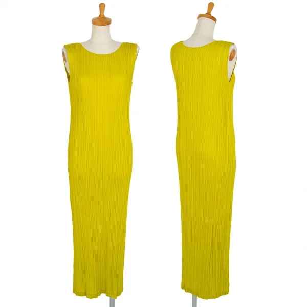 プリーツプリーズPLEATS PLEASE プリーツバックスリットノースリーブマキシワンピース 黄M位 K-106018_001