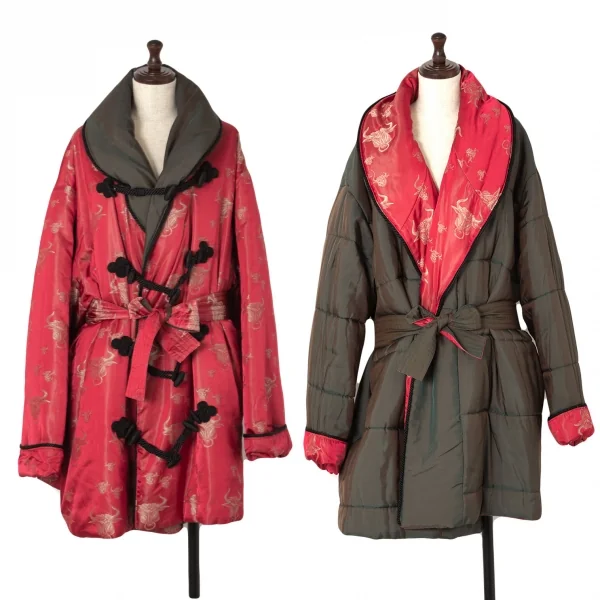 ジャンポールゴルチエ ファムJean Paul GAULTIER FEMME ミノタウロスジャガード中綿ショールカラーチャイナボタンリバーシブルジャケット 赤カーキ40 K-106145_001