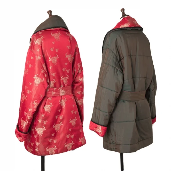 ジャンポールゴルチエ ファムJean Paul GAULTIER FEMME ミノタウロスジャガード中綿ショールカラーチャイナボタンリバーシブルジャケット 赤カーキ40 K-106145_002