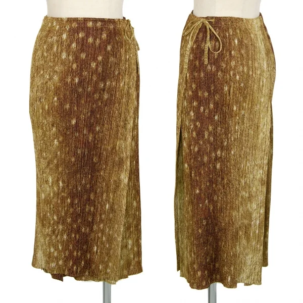 プリーツプリーズPLEATS PLEASE 毛皮プリントラップスカート 茶3 (K