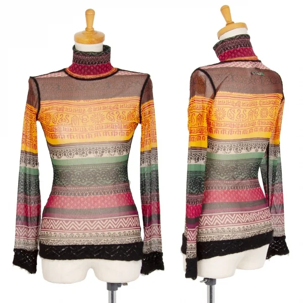 ジャンポールゴルチエ ファムJean Paul GAULTIER FEMME ニット切替ネイティブボーダーパワーネットハイネックカットソー マルチ40 K-106320_001