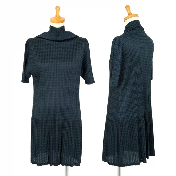 プリーツプリーズPLEATS PLEASE ハウンドトゥース消しプリーツハイネック半袖ワンピース 紺深緑3 K-106340_001