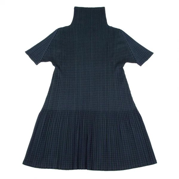 プリーツプリーズPLEATS PLEASE ハウンドトゥース消しプリーツハイネック半袖ワンピース 紺深緑3 K-106340_002