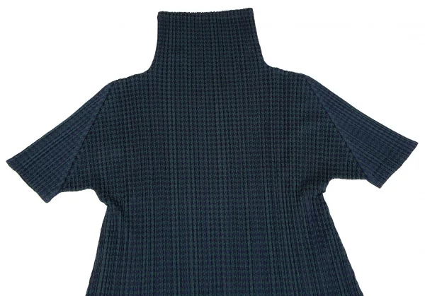 プリーツプリーズPLEATS PLEASE ハウンドトゥース消しプリーツハイネック半袖ワンピース 紺深緑3 K-106340_003