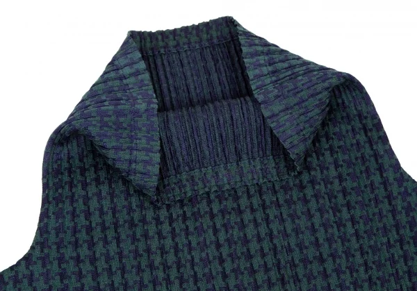 プリーツプリーズPLEATS PLEASE ハウンドトゥース消しプリーツハイネック半袖ワンピース 紺深緑3 K-106340_004