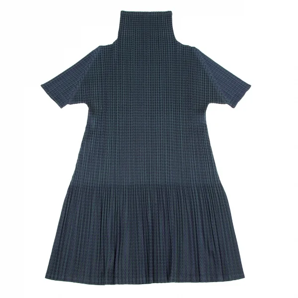 プリーツプリーズPLEATS PLEASE ハウンドトゥース消しプリーツハイネック半袖ワンピース 紺深緑3 K-106340_009