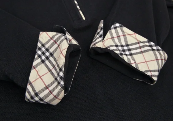 バーバリーロンドンBURBERRY LONDON コットン鹿の子ハーフジップ７部袖ポロシャツ 黒M K-106441_011