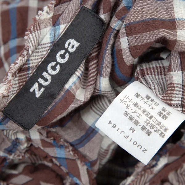ズッカzucca リネン混コットンチェックギャザー半袖ブラウス 茶青M K-106444_014