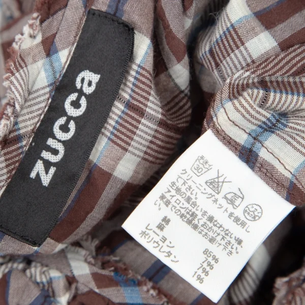 ズッカzucca リネン混コットンチェックギャザー半袖ブラウス 茶青M K-106444_015