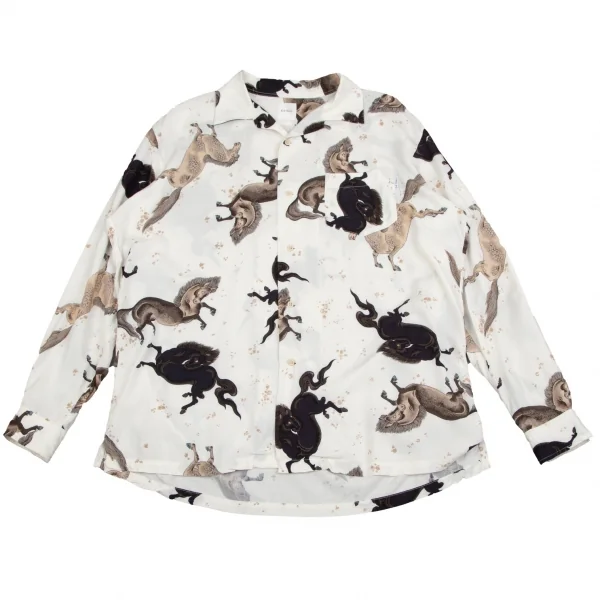 カールヘルムKarl Helmut レーヨン馬プリントオープンカラーシャツ 白茶黒M位 K-106464_001