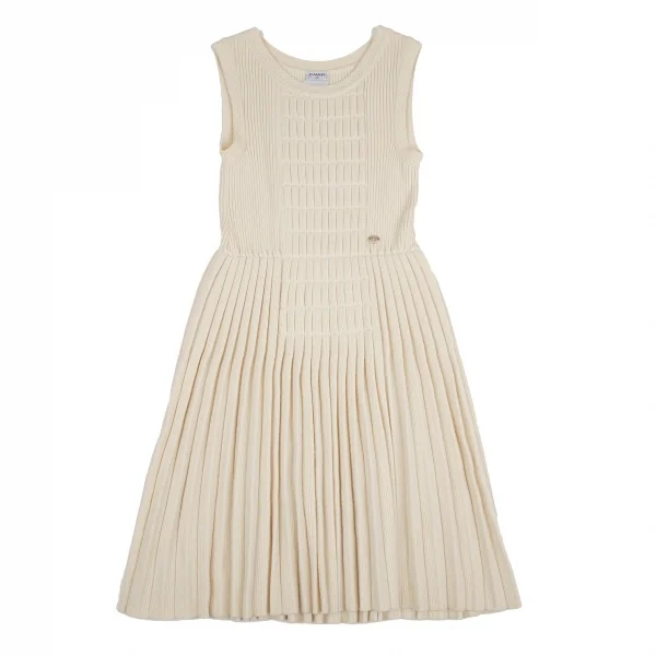 シャネルCHANEL プリーツ切替リブニットノースリーブワンピース アイボリー38 K-106493_002