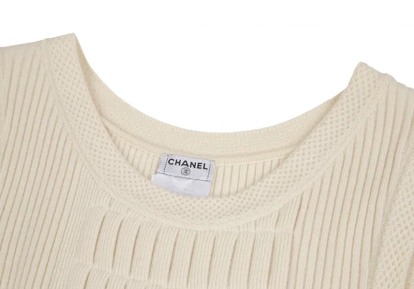 シャネルCHANEL プリーツ切替リブニットノースリーブワンピース アイボリー38 K-106493_006