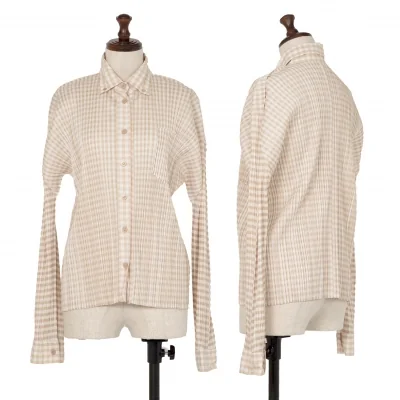 プリーツプリーズPLEATS PLEASE ギンガムチェックボタンダウン長袖シャツ ベージュ