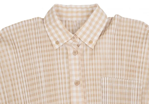 プリーツプリーズPLEATS PLEASE ギンガムチェックボタンダウン長袖シャツ ベージュ4 K-106519_003