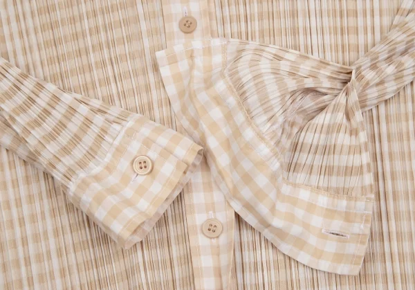 プリーツプリーズPLEATS PLEASE ギンガムチェックボタンダウン長袖シャツ ベージュ4 K-106519_007