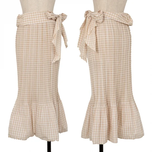 プリーツプリーズPLEATS PLEASE ギンガムチェックウエスト絞りデザインスカート ベージュ2 K-106520_001