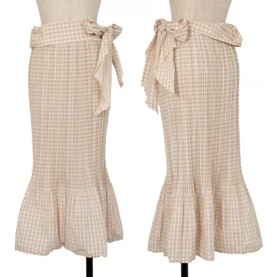 プリーツプリーズPLEATS PLEASE ギンガムチェックウエスト絞りデザインスカート ベージュ