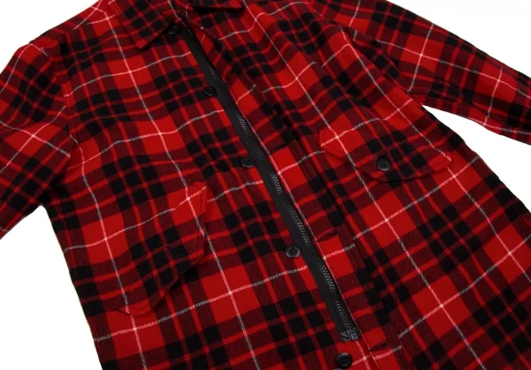 コムデギャルソン オムCOMME des GARCONS HOMME ウールナイロン製品洗いジップアップチェックネルシャツ 赤黒L K-106619_009